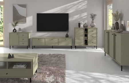 Komoda z szufladami Kioto II 84 cm eukaliptus nowoczesny design subtelne czarne uchwyty metalowa podstawa idealna komoda do salonu