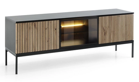 Szafka RTV Amma 154 cm czarny / dąb wotan elegancka forma mebla w nowoczesnym stylu gustowny ryflowany front bezpieczne szkło hartowane