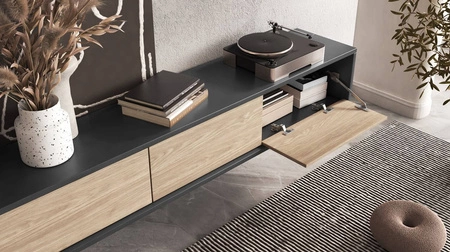 Szafka RTV Frida 180 cm antracyt / dąb olejowany z możliwością powieszenia nowoczesny design szafki pod telewizor bezuchwytowe fronty