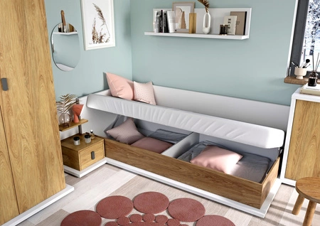 Łóżko Simi 90x200 cm biały / hikora naturalna lewostronne wygodne łóżko w stylu nowoczesnym tapczan z pojemnikiem na pościel