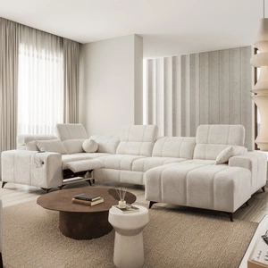 Narożnik z funkcją spania Penejos IV Lux kremowy prawostronny stylowy narożnik rozkładany z komfortowym wysuwanym podnóżkiem