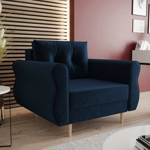 Fotel Wilkins granatowy elegancki fotel do salonu z obszernym i miękkim siedziskiem drewniane nóżki nadają wizualnej lekkości