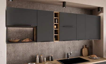 Zestaw mebli kuchennych Aversa Ar 255 cm stylowe szafki kuchenne z frontami wykonanymi w technologii anti fingerprint metalowe uchwyty