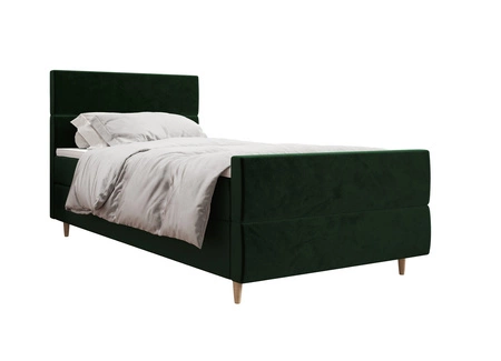 Łóżko kontynentalne Benet 120x200 butelkowa zieleń w nowoczesnym skandynawskim stylu z tapicerowanym zagłówkiem oraz zanóżkiem łóżko z pojemnikiem