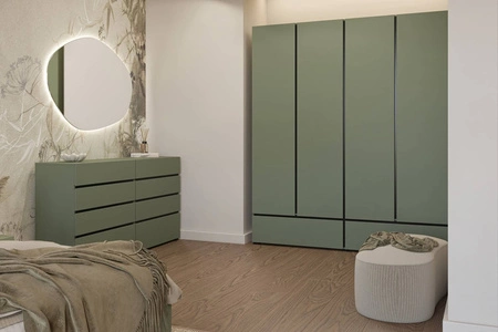 Szafa Cross 180 cm zielona prosta forma w nowoczesnym wydaniu idealna szafa do sypialni lub garderoby geometryczny kształt pojemne szuflady