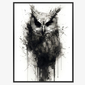 Plakat czarno biała malowana sowa 70x100 plakat w ramie precyzyjny wydruk ze stylową grafiką doskonała dekoracja salonu lub sypialni