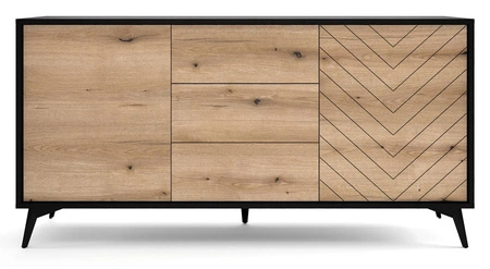 Komoda z szufladami Gusto 154 cm czarna / dąb evoke nowoczesny design mebla drzwi komody ozdobione dekorem jodełki