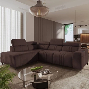 Narożnik z funkcją spania Castel VII brązowy lewostronny stylowy narożnik z pojemnikiem na pościel i regulowanymi zagłówkami