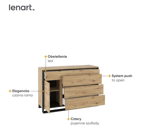 Komoda z szufladami Quant 130 cm dąb artisan / czarny nowoczesny design komoda z oświetleniem LED i frontami w ciekawej konfiguracji