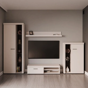 Meblościanka Rene beż piaskowy innowacyjna stylistyka nowoczesna aranżacja o eleganckim charakterze z szeroką funkcjonalnością