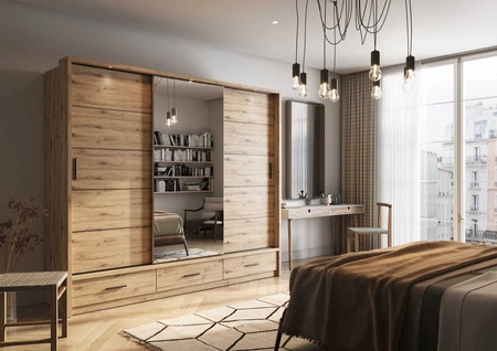 Szafa przesuwna z lustrem Arti 250 cm dąb artisan estetycznie wykonana szafa do sypialni wzbogacona oświetleniem LED pojemne szuflady