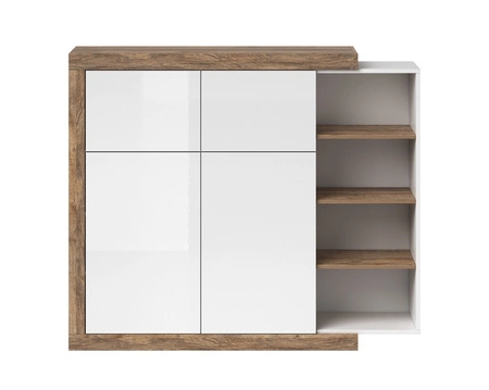 Komoda wysoka Sintra 151 cm dąb samdal / biały połysk oryginalny design komoda do salonu o ciekawym kształcie system push to open