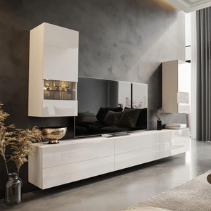 Meblościanka Pirgos biała / biały połysk minimalistyczny design meblościanka do salonu lub pokoju dziennego system push to open