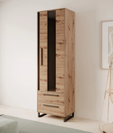 Witryna Ariana 60 cm dąb artisan loftowy design bezpieczne szkło hartowane stylowa witryna do salonu osadzona na wysokiej podstawie