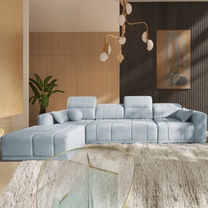 Narożnik z funkcją spania Cetara XII błękitny lewostronny stylowy design komfortowe przesuwane oparcia dwa pojemniki na pościel