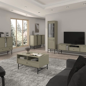 Zestaw mebli do salonu Kioto III eukaliptus stylowy design eleganckie meble w stonowanej kolorystyce wzbogacone czarnym stelażem