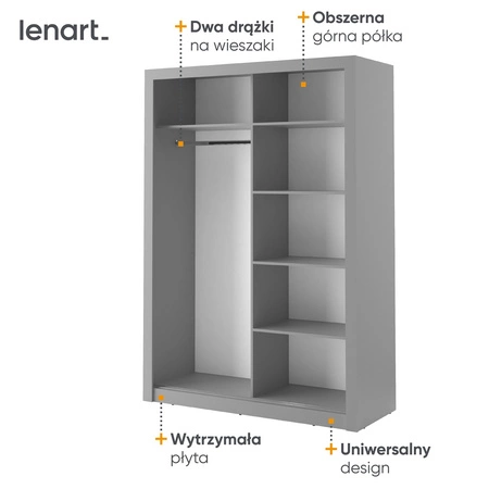 Szafa przesuwna z lustrem Arti 150 cm szara funkcjonalna szafa do sypialni lub pokoju młodzieżowego drzwi szafy wykończone lustrami