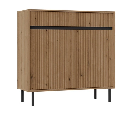 Zestaw mebli Osaka dąb evoke / czarny nowoczesny design podkreślony modną kolorystyką wysokie metalowe czarne nogi gustowny ryflowany front