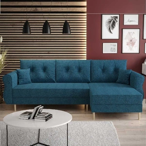 Narożnik z funkcją spania Wilkins niebieski prawostronny stylowy i nowoczesny design wpisujący się w każdą aranżację