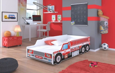 Łóżko Fire Truck 80x160 cm designerskie łóżko z materacem w kształcie samochodu z ozdobnym nadrukiem wykonane z solidnych materiałów