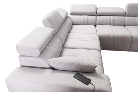 Narożnik z funkcją spania Castel III błękitny lewostronny narożnik z dwoma pojemnikami na pościel regulowane zagłówki