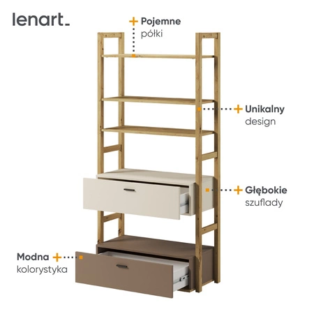 Regał Lenny 85 cm beżowy / truflowy / dąb artisan nowoczesny regał młodzieżowy o oryginalnej konstrukcji pojemne szuflady