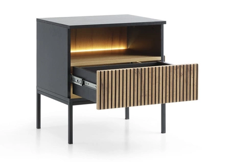 Szafka nocna z szufladą Amma czarny / dąb wotan gustowny ryflowany dekor oświetlenie LED idealna szafka do sypialni