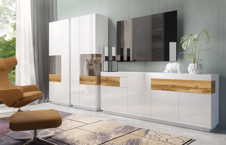 Komoda z szufladami Silke 150 cm biała / biały połysk / dąb wotan designerska komoda bezuchwytowy system otwierania drzwi i szuflad