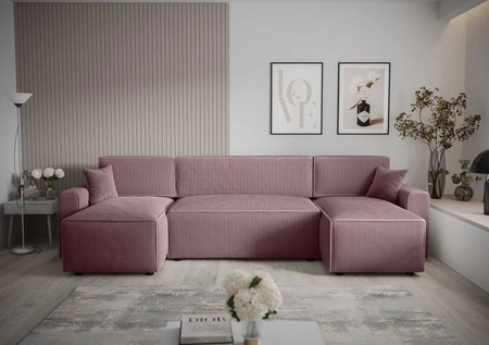 Narożnik z funkcją spania Brandon U Bis wrzosowy pojemnik na pościel trójwymiarowa tkanina o wyrazistych prążkach miękkie podłokietniki