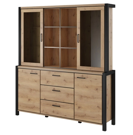 Kredens Aktiv 180 cm dąb taurus / czarny nowoczesny design bezpieczne szkło hartowane stylowe metalowe uchwyty pojemne szuflady