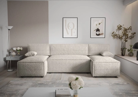 Narożnik z funkcją spania Brandon U kremowy pojemnik na pościel miękka tkanina o charakterystycznej pętelkowej powierzchni