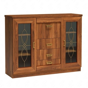 Komoda z szufladami Tade 140 cm dąb stuletni gustowna stylistyka komoda ozdobina subtelnymi ornamentami na szklanym froncie idealna do salonu