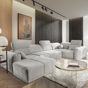 Narożnik z funkcją spania Cetara IV szary popiel lewostronny designerski narożnik z przesuwanymi oparciami dwa pojemniki na pościel