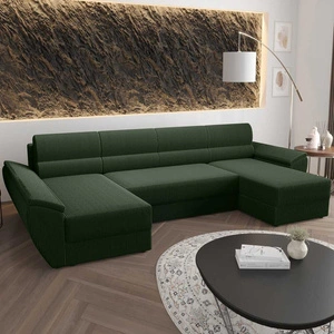 Narożnik z funkcją spania Fogu U III zielony stylowy narożnik z podłokietnikami i pojemnikiem na pościel sztruksowa tkanina