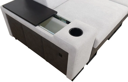 Narożnik z funkcją spania Flavio czarny / grafitowy prawostronny elegancki narożnik z dostawką otwierany barek w boczku mebla