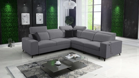 Narożnik z funkcją spania Kelly Sleek III szary prawostronny elegancki narożnik do salonu z dwoma pojemnikami na pościel