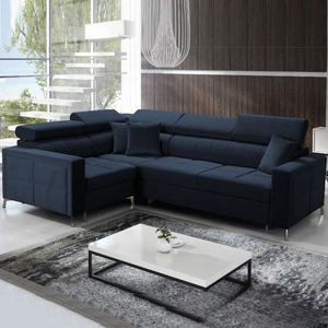 Narożnik z funkcją spania Nausa II granatowy lewostronny velvet dekoracyjne przeszycia na siedzisku narożnik z pojemnikiem na pościel