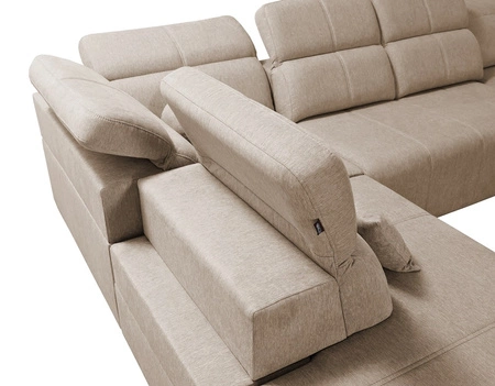 Narożnik z funkcją spania Tesalia V beżowy prawostronny komfortowy narożnik z szufladą oraz funkcją przesuwanego oparcia