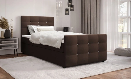 Łóżko kontynentalne Kansas 90x200 brązowe w nowoczesnym skandynawskim stylu z tapicerowanym zagłówkiem oraz zanóżkiem