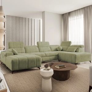 Narożnik z funkcją spania Penejos VI oliwkowy lewostronny stylowy narożnik rozkładany z dwoma pojemnikami na pościel trwała tkanina