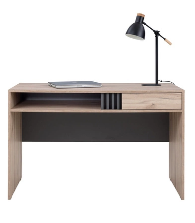 Biurko z szufladą Estan 120 cm dąb estana jasny / antracyt nowoczesny design mebla obrzeża biurka wykończone zostały specjalną okleiną