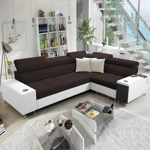 Narożnik z funkcją spania Dafni II brązowo biały prawostronny pleciony narożnik z pojemnikiem na pościel szuflada z pełnym wysuwem