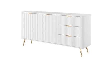 Komoda z szufladami Lante 163 cm biała gustowna komoda z ryflowanymi frontami wsparta na wysokich skośnych nogach stylowe uchwyty
