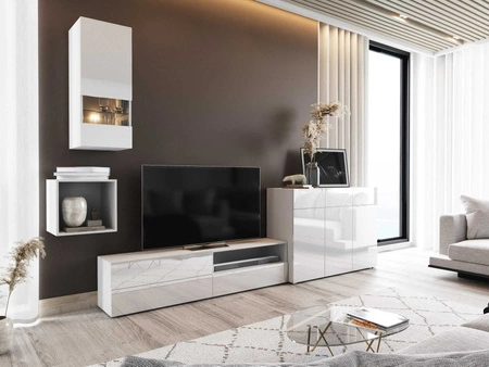 Meblościanka Pylos biała / biały połysk nowoczesny design system otwierania drzwi i szuflad push to open zestaw mebli z komodą