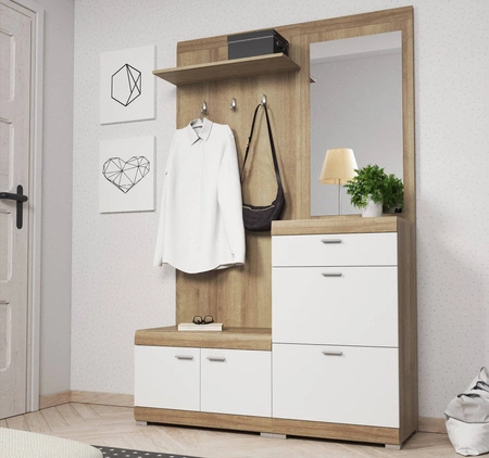 Garderoba Stella 135 cm dąb riviera / biały funkcjonalna oraz praktyczna garderoba do przedpokoju stonowana kolorystyka i nowoczesny design