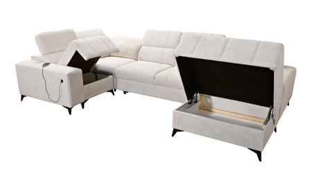 Narożnik z funkcją spania Penejos IV łososiowy prawostronny stylowy narożnik rozkładany z dwoma pojemnikami na pościel trwała tkanina