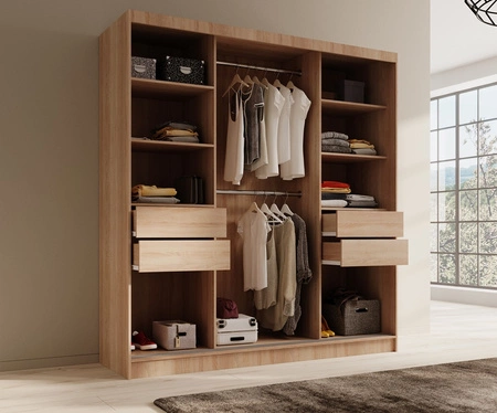 Szafa przesuwna z lustrem Tola 200 cm dąb sonoma jasny połączenie nowoczesnego designu z praktycznością szafa z wewnętrznymi szufladami