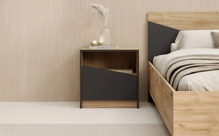Zestaw mebli do sypialni Atson dąb odwieczny / czarny nowoczesny design komplet mebli do sypialni oryginalny kształt frontów mebli