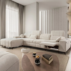 Narożnik z funkcją spania Penejos XII Lux kremowy lewostronny stylowy narożnik rozkładany z komfortowym wysuwanym podnóżkiem