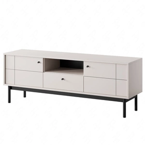 Szafka RTV Modesta 154 cm beżowa prosta bryła w stonowanej kolorystyce subtelne metalowe uchwyty idealna do wnętrz w stylu japońskim